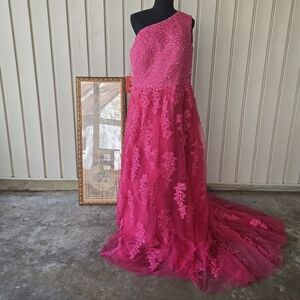 New Yishaer Hot Pink One Shoulder Sequin Gown size 18